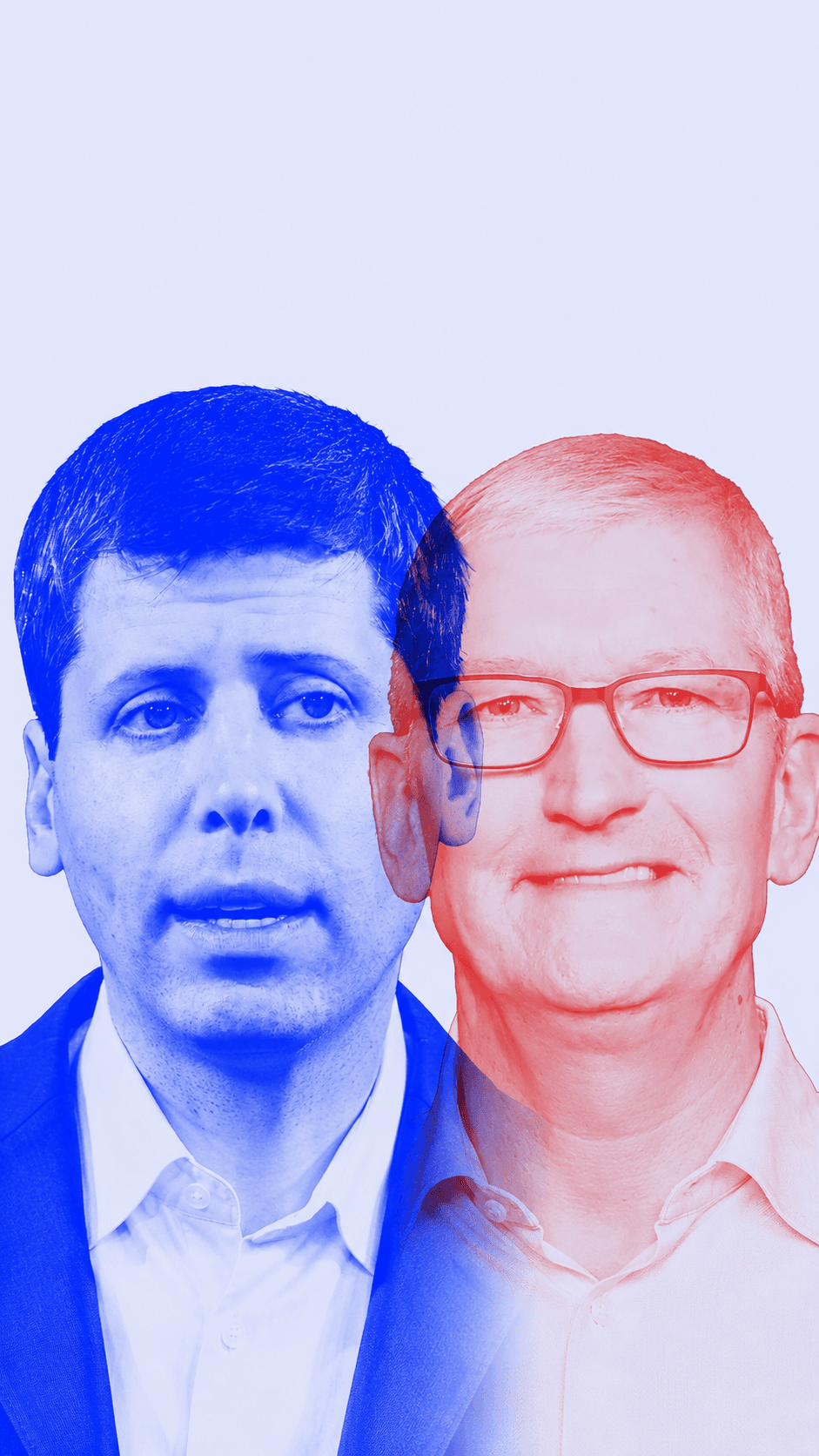 Sam Altman og Tim Cook i blå og rød duotone, ansikt mot ansikt